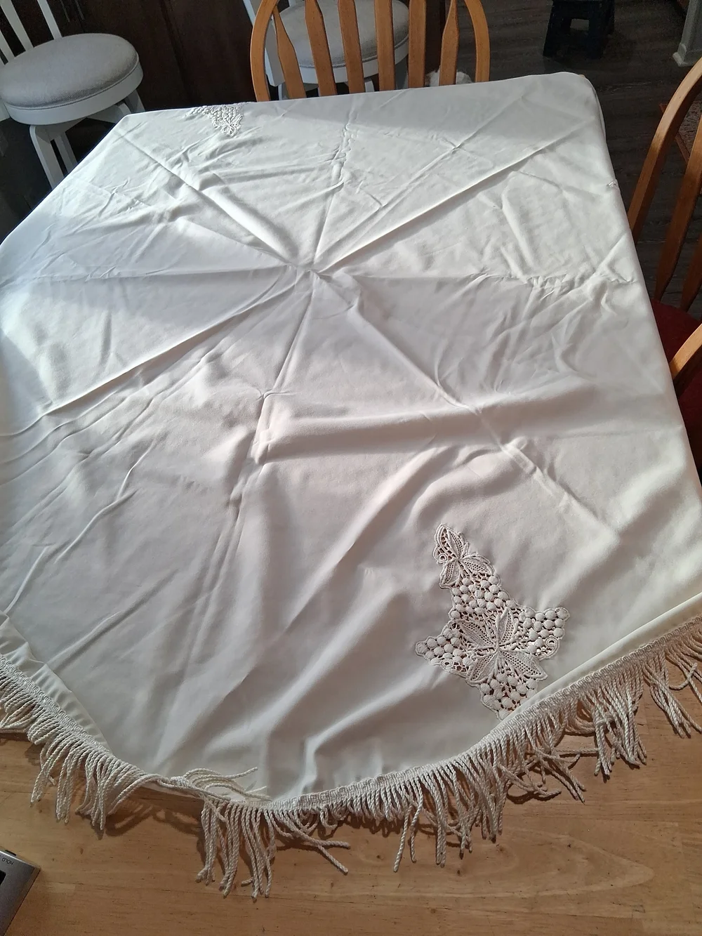 Classic Round Beige Ivory Fringe Tablecloth with Cutwork Detail 65